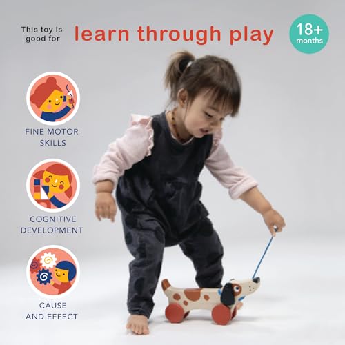 Image of Mentari Toys - Puppy on Wheels - Wooden Dog Pull Toy for Toddler Walking for 18M+ Boys and Girls - Sustainable Rubberwood - Educational Motor Skills & Imaginative Play - Gift for Preschoolers