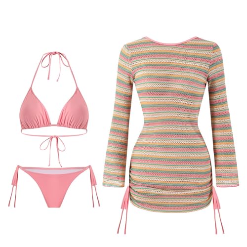 Maillot de bain deux pièces split et cache-maillot à manches longues style rayure chic