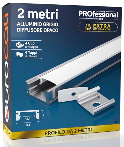 Eurocali Profilo da 2 metri (2mt) in Alluminio grigio per Strisce LED Schermatura Opaca ingombro max striscia led 12.4mm - 17.4 x 7