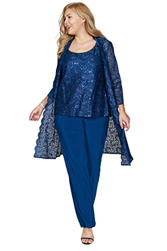 R&M Richards Plus Size Mother of The Bride Pant Suit, 3 Pieces Dress Set | Sleeveless with Matching Lace Jacket