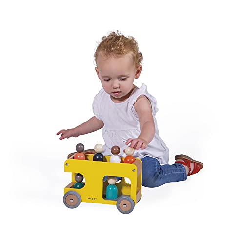 Image of Janod - Bolid Solid Wood School Bus - 6 Characters Included - Silent Wheels - Imagination and Fine Motor Skills - FSC Certified - Water Painting - From 2 Years, J04635, Yellow