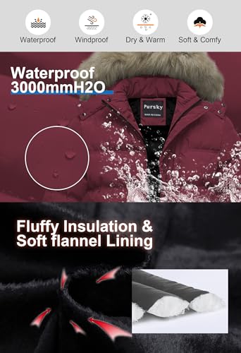 Image of Pursky Men's Puffer Jacket Waterproof Winter Bubble Coats Ski Parka Fur Hooded