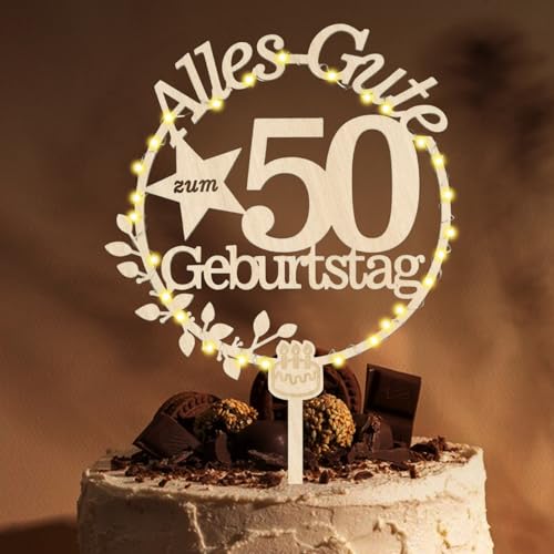 Giftota Cake Topper 50. Geburtstag Holz mit LED Lichterkette - 50. Geburtstag Deko - Tortendeko 50. Geburtstagsdeko Frau Mann Giftota Cake Topper 50. Geburtstag Holz mit LED Lichterkette - 50. Geburtstag Deko - Tortendeko 50. Geburtstagsdeko Frau Mann