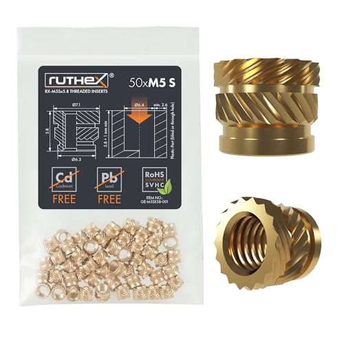ruthex M5 Threaded Inserts Short - 50 Pieces RX-M5Sx5.8 Brass Heat Set Insert for Plastic Parts - Metric knurled Nuts - Insert by Heat into 3D Printing Components