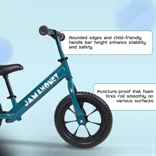 Image of Amazon Brand - Jam & Honey 12T Balance Bike for Kids | Adjustable Handlebar & Seat | Anti-Puncture Wheels | Max Weight 25 Kg | 2+ Years | Blue