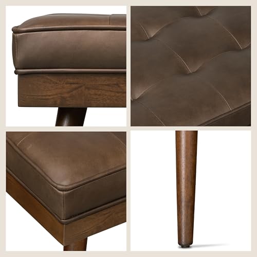 Image of Poly & BARK 55 inch Tufted Leather Bed Bench for Bedroom End of Bed - Living Room Entry Way Bench - Pure Italian Leather Upholstery with a Solid Wood Frame - Ottoman Bench with Wooden Legs - Cocoa Brown