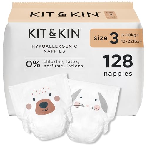 Kit & Kin Premium Baby Nappies Size 3 | 6-10 kgs / 13-22 lbs | Pack of 128 Nappies | Plant-Based Materials On Babys Skin | Hypoallergenic | Superior up to 12 Hour Leak Protection