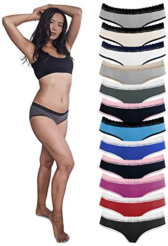 Sexy Basics Womens 12 Pack Lace Underwear Hipster Panties Cotton-Spandex/Ultra-Soft Cotton Stretch Underwear (12 Pack -Grab Bag Assorted Solid Colors, Large)