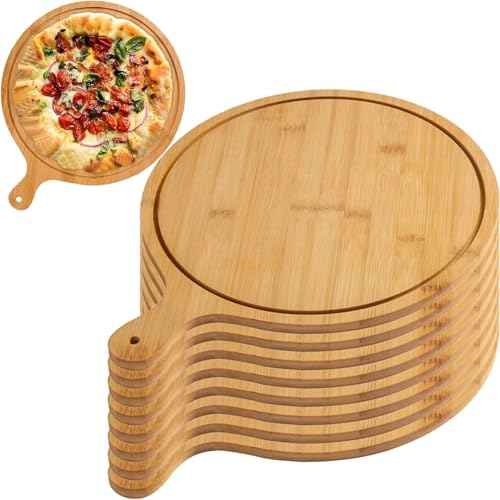 Lot de 6 planches à pizza – Assiettes de service et à découper en bois de qualité supérieure, design rond en bambou avec poignée, durables et légères pour la maison et le restaurant