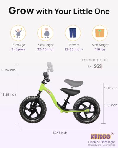 Image of KRIDDO Toddler Balance Bike 2 Year Old, Age 24 Months to 5 Years Old, Early Learning Interactive Push Bicycle with Steady Balancing, Gift Bike for 2-5 Boys Girls, Green