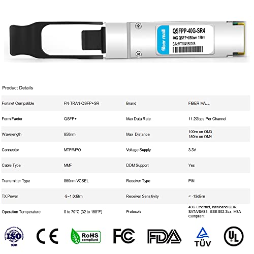 Image of 40G QSFP SR4 for Fortinet FN-TRAN-QSFP+SR,40GBASE-SR4 QSFP+ 850nm 150m MTP /MPO DOM Optical Transceiver Module