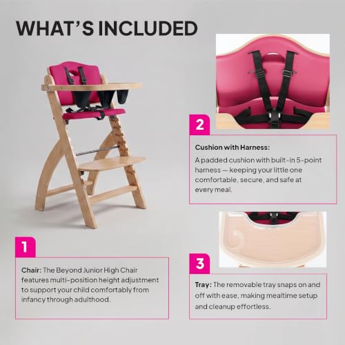 Image of Abiie Beyond Junior Wooden High Chair for Babies and Toddlers - Convertible 3-in-1 Baby Highchair with Removable Tray - 6 Months to 250 Lb - Water Resistant - Natural Wood /Raspberry Cushion