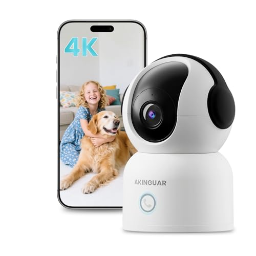 AKINGUAR 4K 8MP WiFi Camera, 360°Pan/Tilt Indoor Camera, 2-Way Talk, One-Touch Calling, Full-Color Night Vision in Low Light, Smart AI Detection, Auto Tracking, for Kids/Elderly/Pets, Black