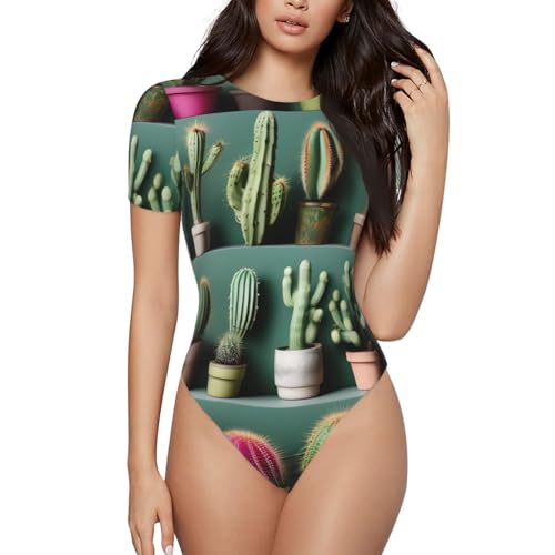 YANYU Many Cactus Art Print Adult Romper Womens Short Sleeve Onesie Bodysuit Casual Comfort Fashion Outfit