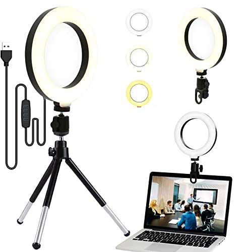 Luriseminger 6,3" Anillo de Luz Videoconferencia, Aro de Luz Portatil con Trípode y Clip para Laptops, Webcam, Cámaras y Teléfonos Móviles, Ajustable en 360 °, 3 Modos de Iluminación y 10 Brillos Cover
