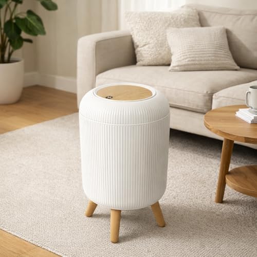 Image of ZENOVIA Modern Floor-Standing Dustbin with Legs | Push-Button Lid | White Ribbed Plastic Waste Bin for Bedroom, Living Room & Kitchen | Large Capacity Decorative Trash Can | Push-Button Lid, Ribbed Plastic, Odour-Free, Decorative Design