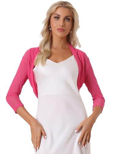 Allegra K Bolero Mujer de Malla Semitransparente Elegant Mangas Largas Shrug Top Rosa Roja S