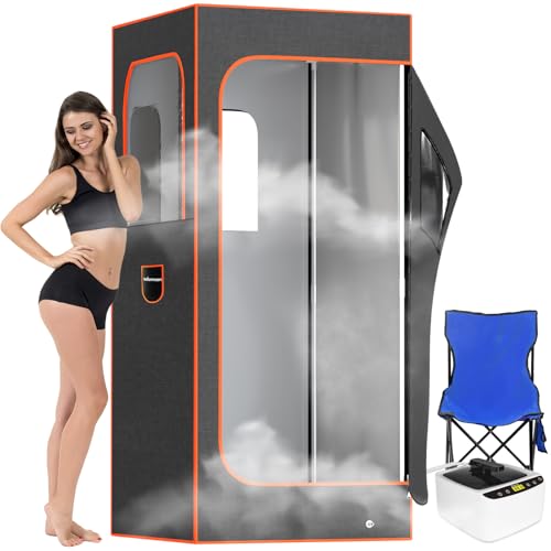 Adamson Sauna Indoor - Dampfsauna für zuhause - Saunazelt für Entspannung im Heim-Spa + 2,6L 1000W Dampfgerät + Stuhl + Fernbedienung + Fußmassager - Nylon Orange