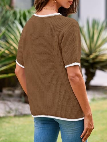 Image of Saodimallsu Womens Puff Short Sleeve Sweater Tops Spring Summer Color Block Ribbed Knit Crew Neck Going Out Shirts