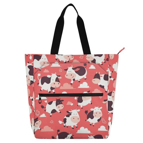 Decorative Kid Tote Bag for Boys Girls Women, Flying Cow Pink Heart Waterproof Library Book Bag Handbag with Zipper Pockets for School and Playtime Rainbow de tela para