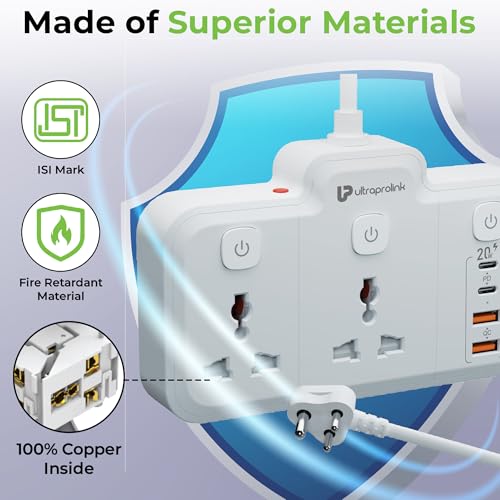 Image of UltraProlink 6 in 1 Surge Extension Board |Device Safety with ISI Approved Heavy Duty Cable-2m|6 Ports-2 Fast Charge Type-C(PD 20W)2 USB-A Ports & 2 AC Sockets|Overload Protection|Made in India|UM1272