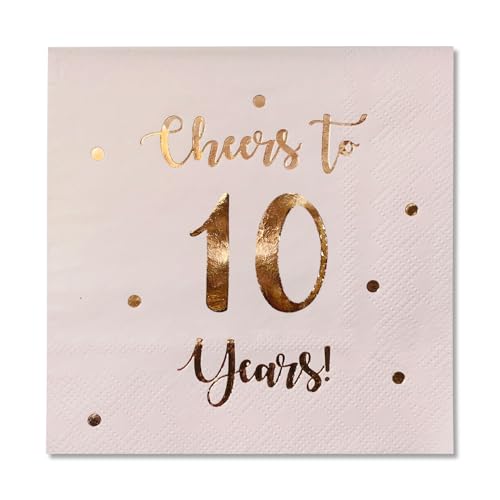 Cheers to 10 Years Cocktail Napkins | Happy 10th Birthday Decorations for Men and Women and Wedding Anniversary Party Decorations | 50-Pack 3-Ply Napkins | 5 x 5 inch Folded (Pink)