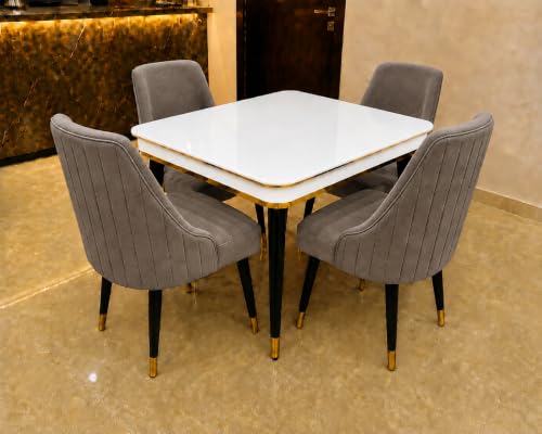 Image of WOODEN SPACE 4 Seater Wooden Dining Table Set | Urban Marble Top Dining Table with Chairs for Dining Room & Kitchen (Modern Infinity Backline Brown) (42 x 42 x 30 inch)