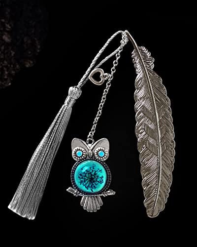 Metal Feather Bookmark for Women, Unique Luminous Owl Vintage Book Mark, Thanks Birthday Gifts for Her Women Girls Men, Christmas Valentine's Day, for Mothers Readers Book Lover Teacher-Silver Tassel