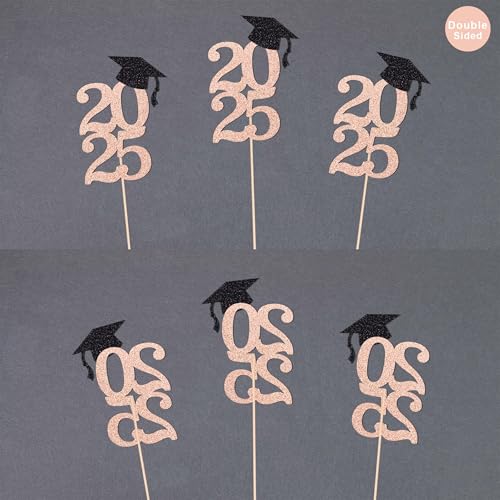 Image of Class of 2025 Graduation Decoration Centerpieces for Table, 2025 Party Centerpieces Grad Cap Sticks Party Supplies, Graduation Party Decoration Toppeers (10 PCS, Rose Gold & Black)