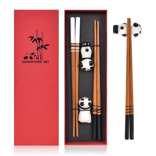2 Paia di Bacchette di Legno per Sushi e Piatti Cinesi con Supporto Panda, Set Regalo Riutilizzabile per Cucina Giapponese