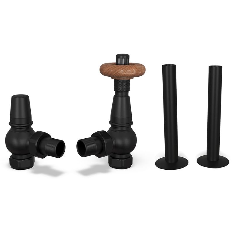 UK Radiators Black Thermostatic Radiator Valves and Angled Lockshield Valve - Matt Black Finish - Traditional Design 1/2" x 15mm Angled Radiator Valves with 130mm Pipe Sleeves