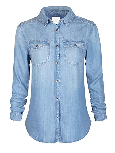 Design by Olivia Women's Classic Long/Roll Up Sleeve Button Down Denim Chambray Shirt Light Denim 1X