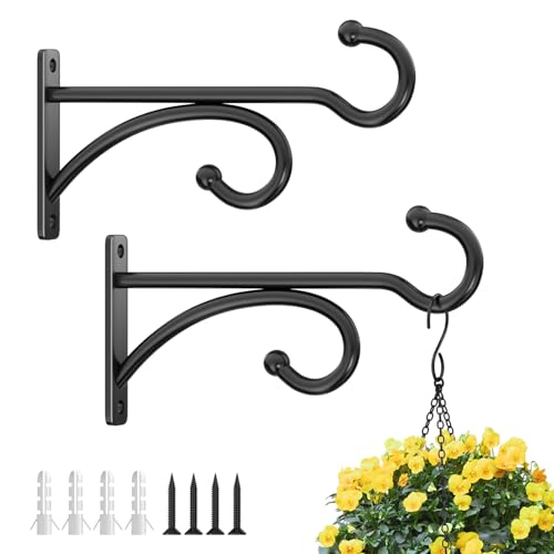 2 Pcs 15cm (6 Inches) Planter Hooks for Hanging Plants - Plant Hanger Hook Indoor Outdoor, Plant Wall Hooks, Brackets for Hanging Plants, Baskets, Wind Chime, Bird Feeder, Bird House (Black, Metal)