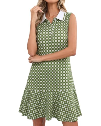 Image of YEXPINE Women's Sleeveless Polo Dress Ruffle Hem Lapel V Neck T-Shirt Summer Mini Dresses