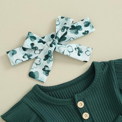 Newborn Baby Girl St. Patrick's Day Outfit Clover Romper Dress Ruffle Short Sleeve Jumpsuit Bodysuit with Headband4