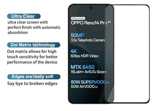 Image of HD Tempered Glass Screen Protector Compatible for Oppo Reno 14 Pro 5G with Edge to Edge coverage and Easy Installation kit
