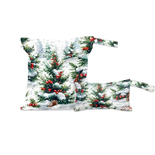 2pcs Cloth Diaper Wet Dry Bag with Two Zipper Pocket Waterproof Storage Bag Travel Laundry Bags, Beach, Pool, Breast Pump Parts, Gym Bag for Swimsuits & Wet Clothes for Baby (Colorful Christmas Tree)
