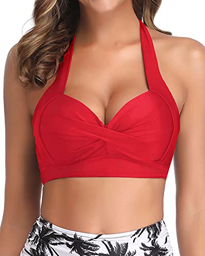 Tempt Me Women Red Bikini Top Push Up Swim Top Halter Retro Bathing Suit Top Padded Swimsuit Top Only L