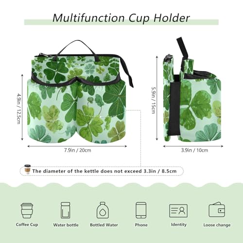 Image of Luggage Cup Holder for Suitcases Free Hands Suitcase Cup Holder Travel Luggage Drink Holder Portable Luggage Cup Caddy Bag Carrier with Handle Green Nature St Patrick Clovers
