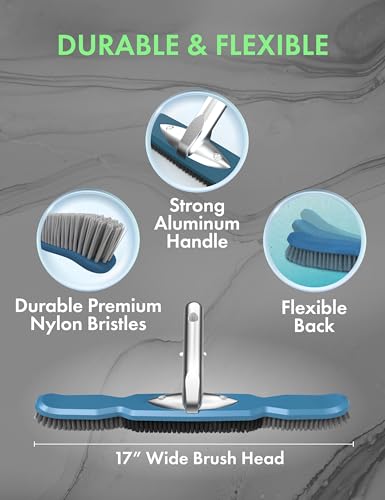 KEMANO Heavy Duty Pool Brush Head, Premium Nylon Bristles Non-Abrasive Cleaning, Reinforced Aluminum Frame, Ideal for Pool Walls, Steps, Corners, Above Ground & Inground Swimming Pool Cleaning Tools