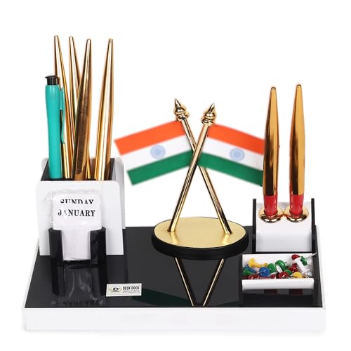 Image of DESKDOCK Acrylic Pen stand For Office Table Stylish Multipurpose Desk Organizer (With Two Special Pen & Flag)