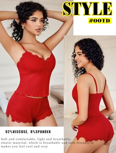 Image of Avidlove Women's Soft Ribbed Knit Cami Pajama Set Sexy V Neck Lace Trim Sleepwear Side Slit Shorts Lingerie Nightwear