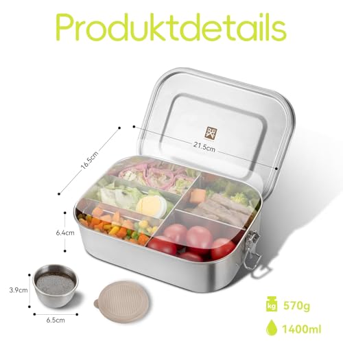 GOLDEN KEY Edelstahl Lunchbox 1400ml füR Erwachsene, Edelstahl Brotdose mit Fächern und Ersatz-Silikonring… – Ansicht 4