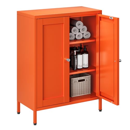 Image of Bevivog Orange Metal Locker Cabinet with 2 Doors and 2 Adjustable Shelves, Small Accent Cabinet Bathroom Floor Storage Cabinets Short Sideboard for Entryway, Living Room, Hallway