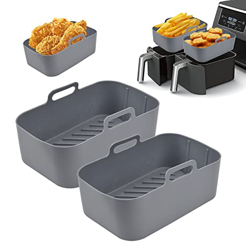 Pipihome Pot en Silicone pour Friteuse Ninjas Dual Air, 2PCS Silicone Air Fryer Liner Double Air Fryer Silicone Air Fryer Basket, Air Fryer Rack Accessoire pour Air Fryer, Four, Micro-ondes (Gris)