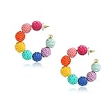 Rattan Earrings Summer Boho Raffia Ball Hoop Dangle Earrings for Women Girls Lightweight Straw Wicke