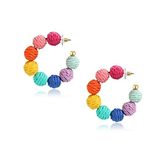 Rattan Earrings Summer Boho Raffia Ball Hoop Dangle Earrings for Women Girls Lightweight Straw Wicker Statement Earrings Bohemian Beach Earrings Jewelry Gifts (Colorful)