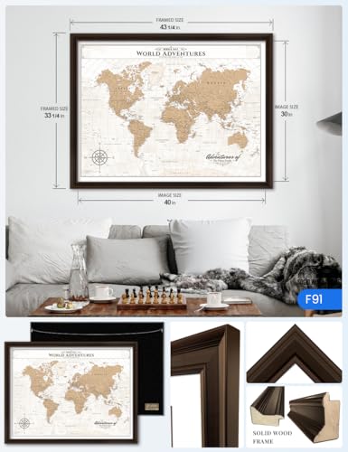 Image of IPIC - Framed Vintage World Map Canvas Wall Art, Personalized Push Pin Travel Map with Name and Message to Track Travels, Oversized Pinnable Wall Decor for Home, Office, Study or RV
