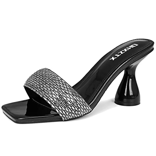 Image of Women's Square Open Toe Kitten Heel Mules, Rhinestone Sandals | Metallic PU Slides & 3.15 IN Block Square Heels: Non-Slip Rubber Outsole, Easily for Wedding, Party or Work.