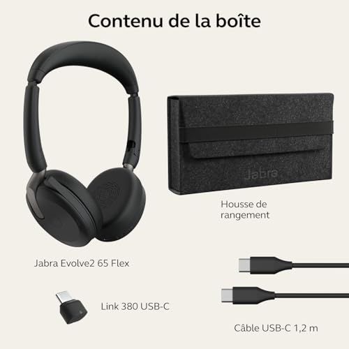 Jabra Evolve2 65 Flex - Micro-Casque stéréo sans Fil Bluetooth avec Technologie à réduction de Bruit ClearVoice et ANC Hybride - Compatible avec Les principales Plateformes UC - Noir